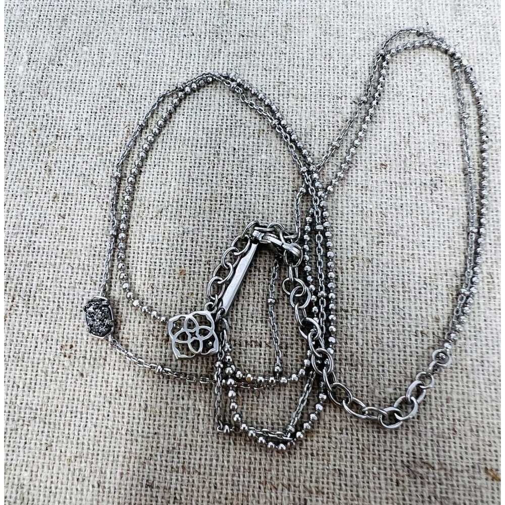 Kendra Scott Elisa Double Strand Necklace Rhodium Silver Black Drusy Layered - Picture 7 of 10